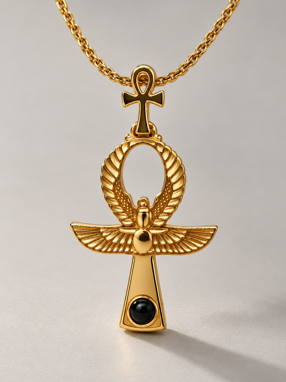 Onyx Stone Ankh Scarab Necklace | Gold Vermeil